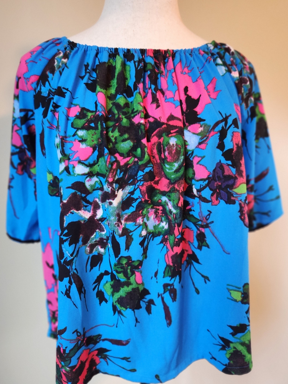 Floral Peasant Blouse Blue Pink 3/4 Sleeve Boho Top Large Petite